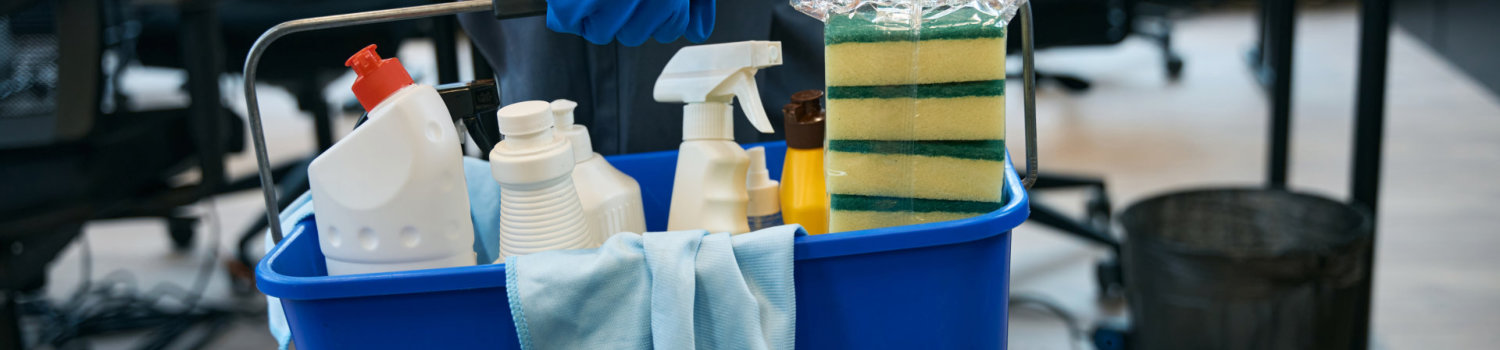 Cleaning service employee uses special set gadgets for cleaning and disinfection